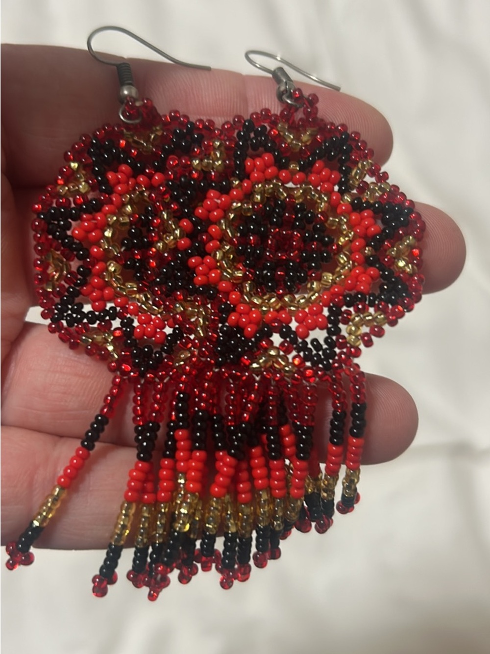 Handmade Red, Black & Gold Seed Bead Fringe Earrings